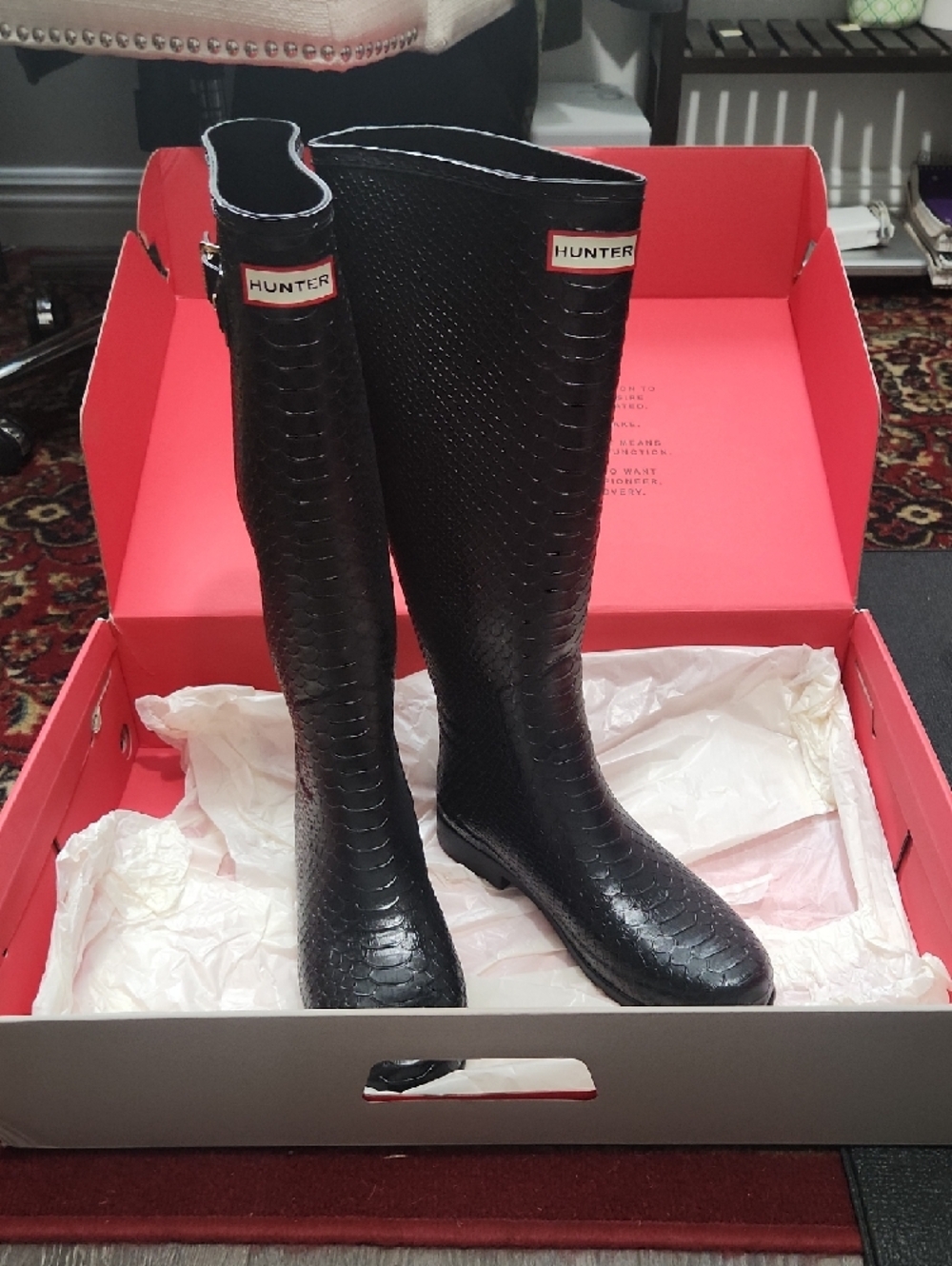 Hunter Black Textured Snake-Embossed Rain Boots - Picture 2 of 3